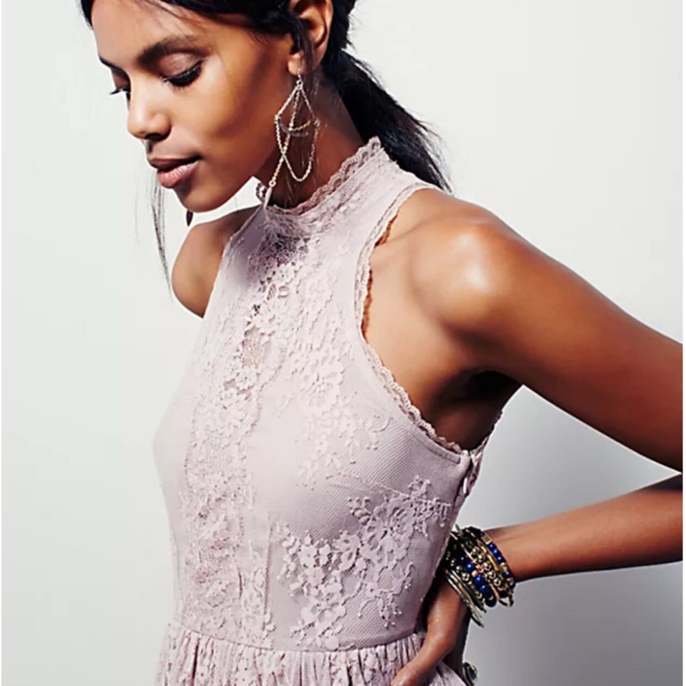 Free People Lilac Ash Verushka Mock Neck Lace Sleeveless Mini Dress